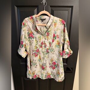 Chico's Floral Print Blouse - White with Pink and Green